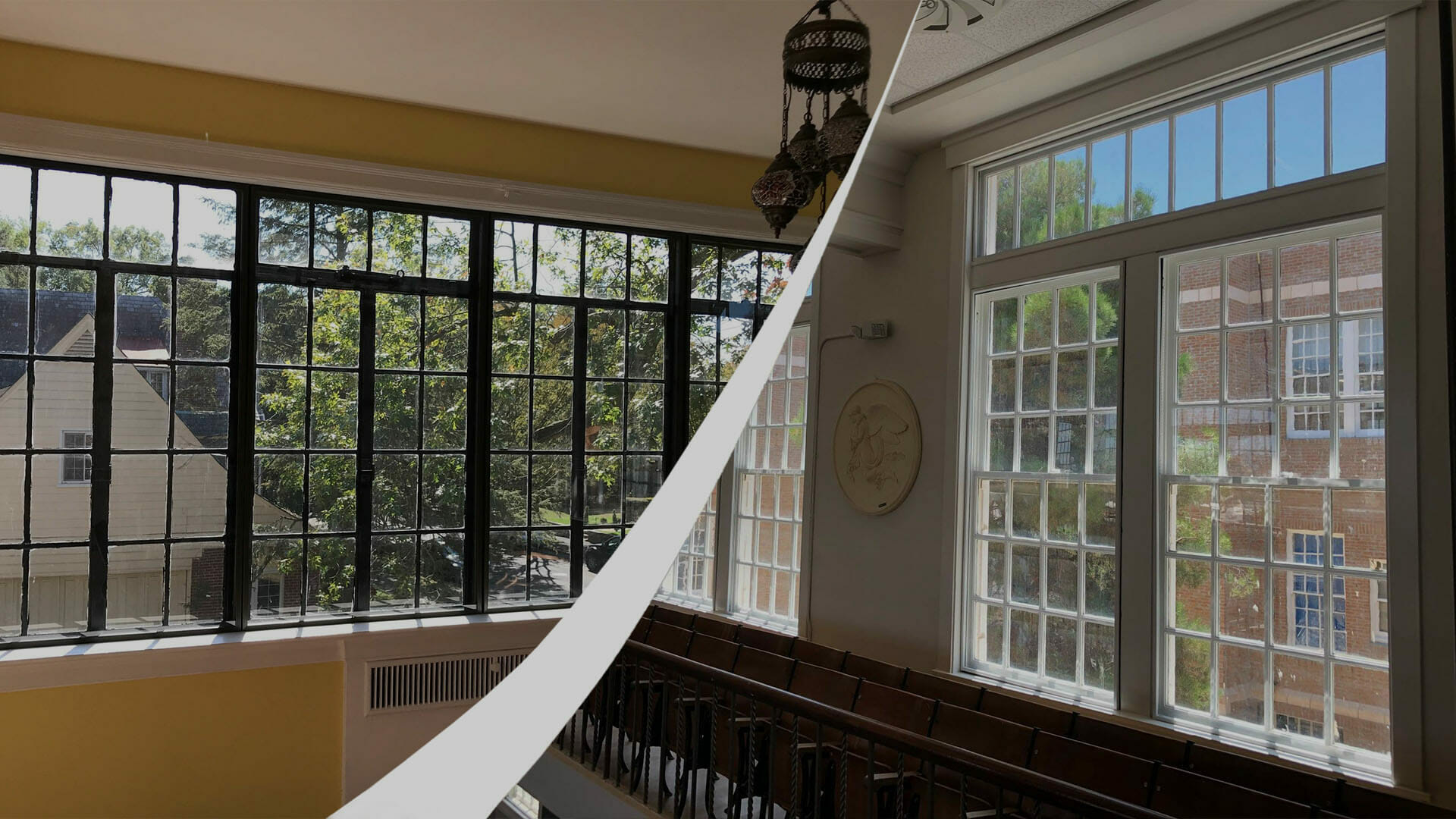 Side-by-side photos of windows featuring custom inserts from Climate Seal.