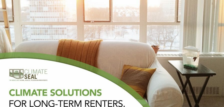 An image of a back lit living room with the text Climate Solutions for Long-Term Renters - Climate Seal Window Inserts
